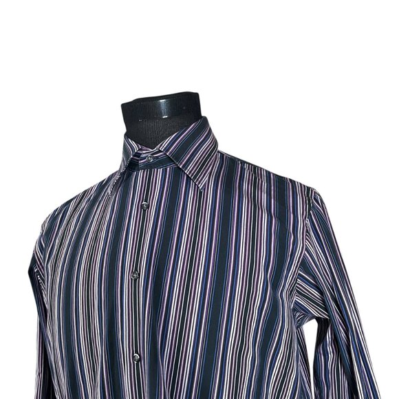 Boss Hugo Boss Men's Black Purple Striped Long Sleeve Button Front Shirt Size 16 - Picture 2 of 9
